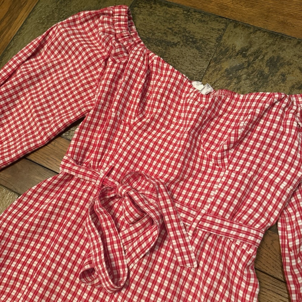 Anthropologie Maeve Bare Red Gingham Off Shoulder Frill Ruffled Mini Dress US 8 - Picture 4 of 11